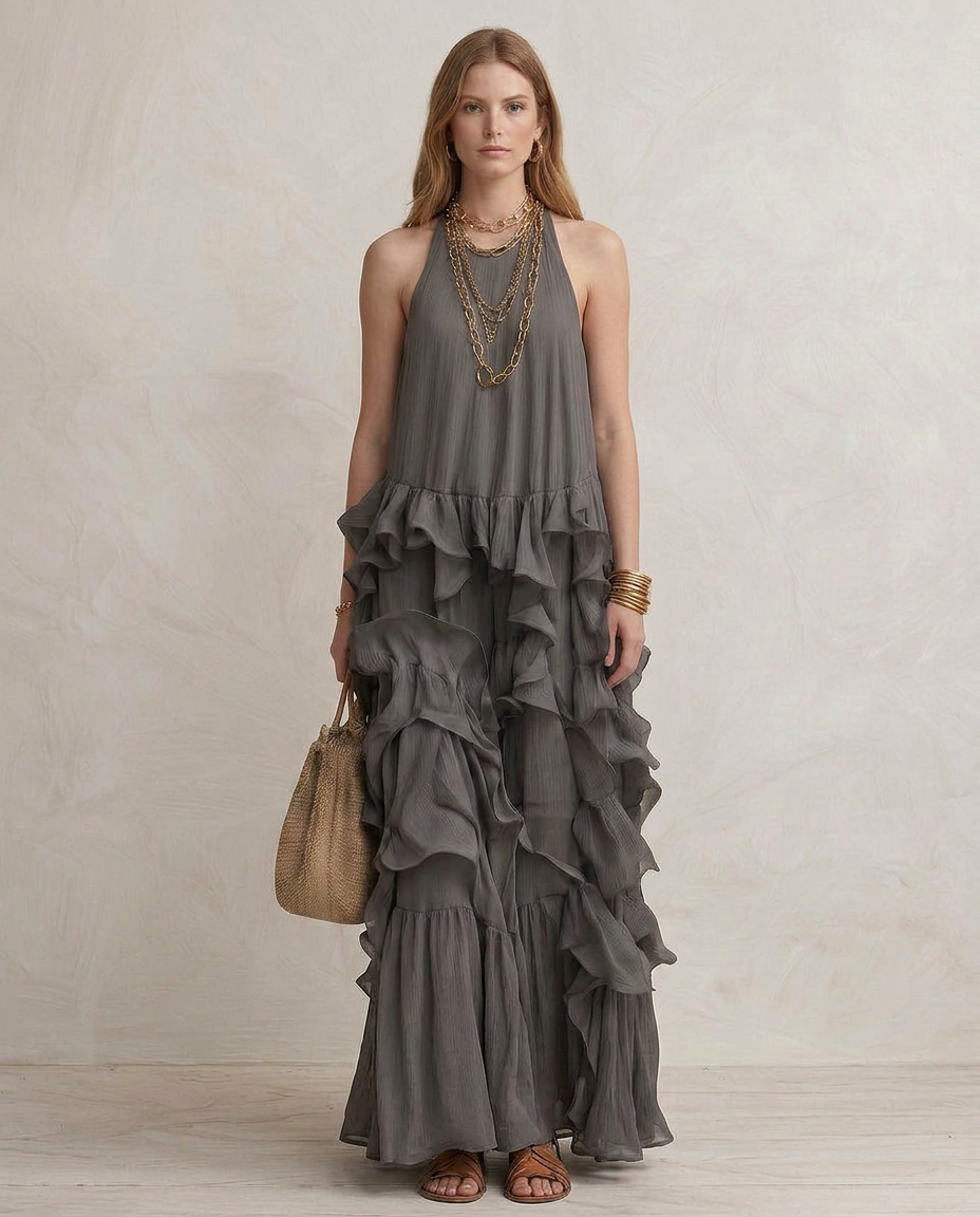 SERENA | Maxi Robe Grise avec Volants | House
