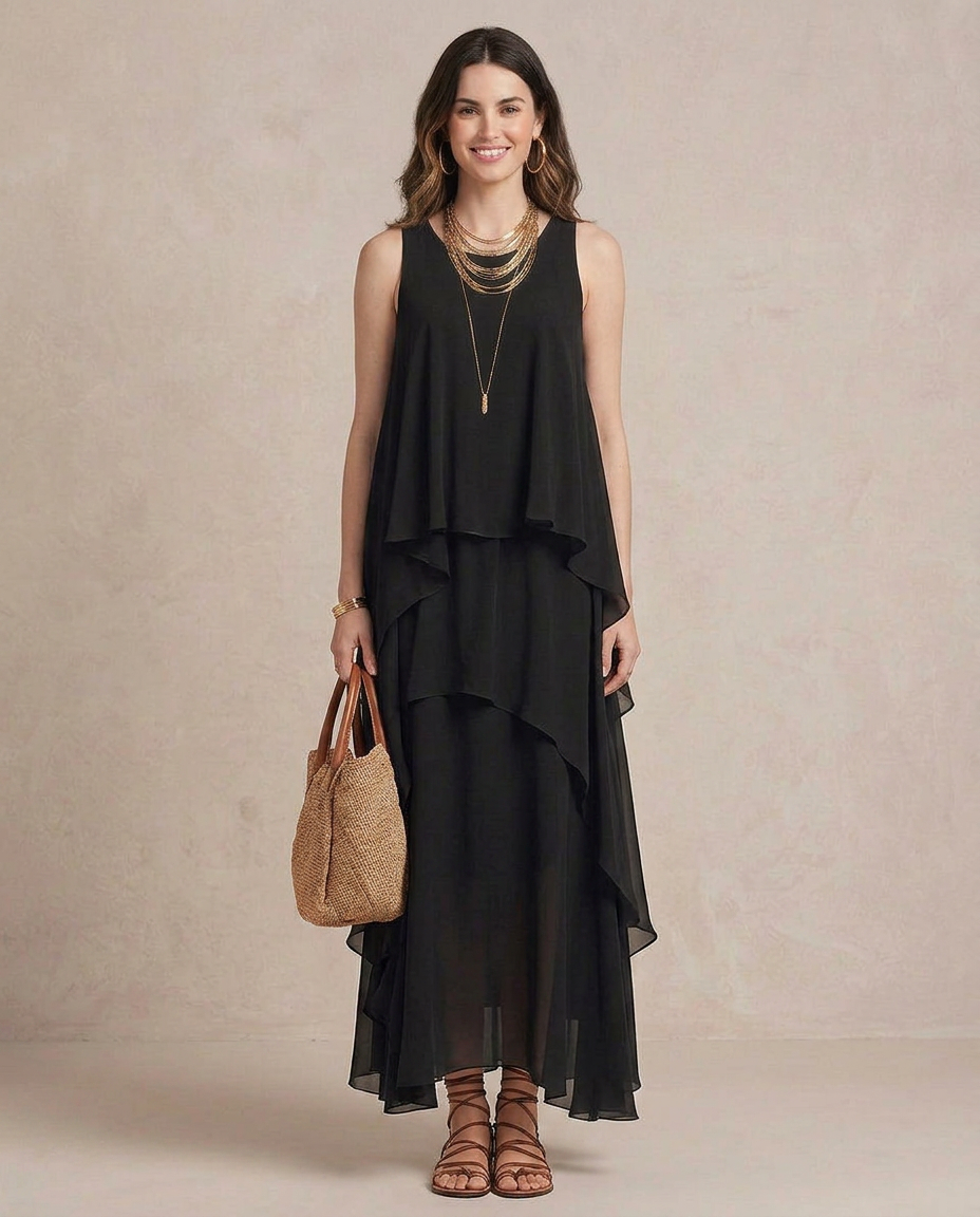 NOEMI | Maxi Abito Boho Layered Chiffon Nero | Signature