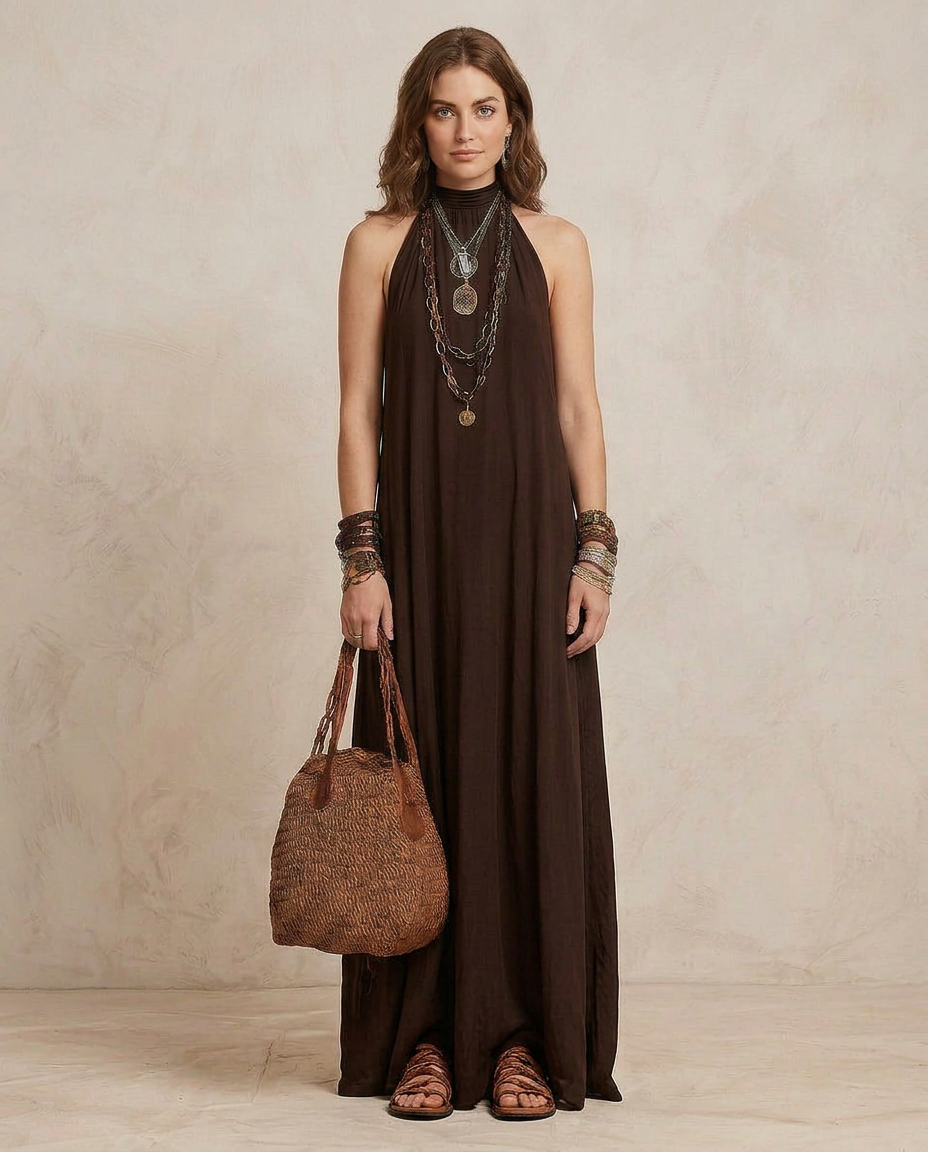 CAMILLA | Maxi Abito Halter Marrone Scuro | Workshop