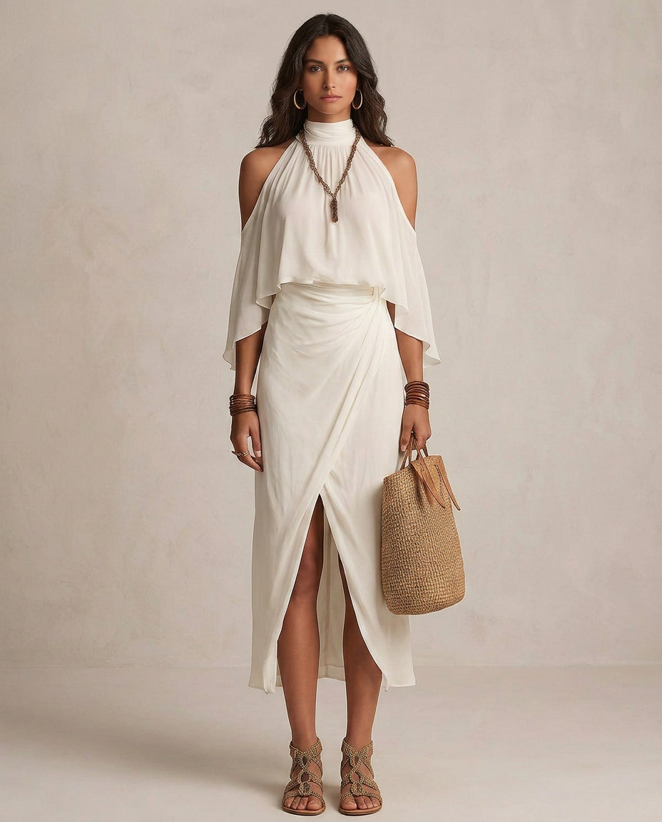 VALENTINA | Midi Abito Halter Avorio Drappeggiato | Co