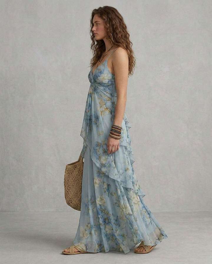 ELISA | Maxi Robe Slip Florale Bleue | Édition