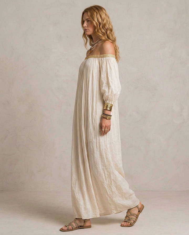ISABELLA | Maxi Abito Boho Plissé Avorio | Gallery