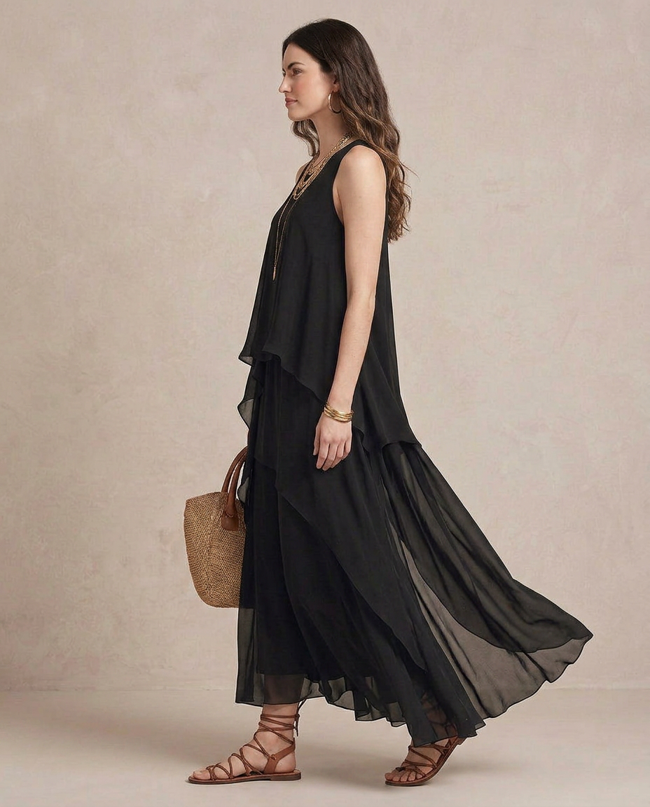 NOEMI | Maxi Abito Boho Layered Chiffon Nero | Signature