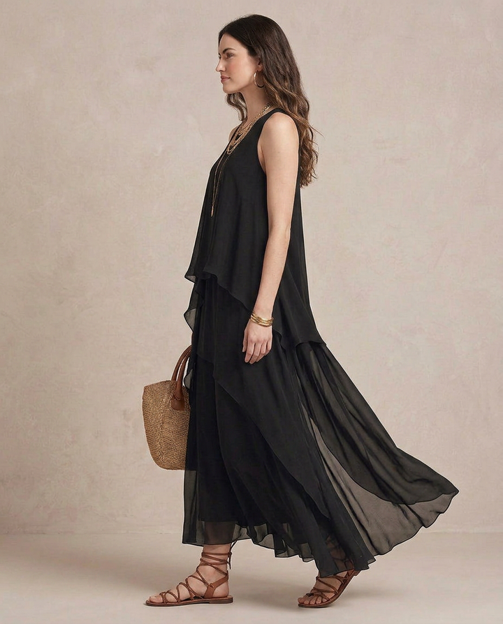 NOEMI | Maxi Abito Boho Layered Chiffon Nero | Signature