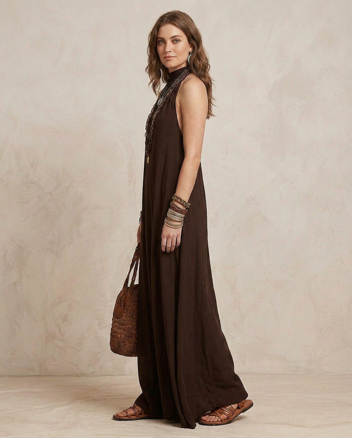 CAMILLA | Maxi Robe Halter Marron Foncé | Atelier