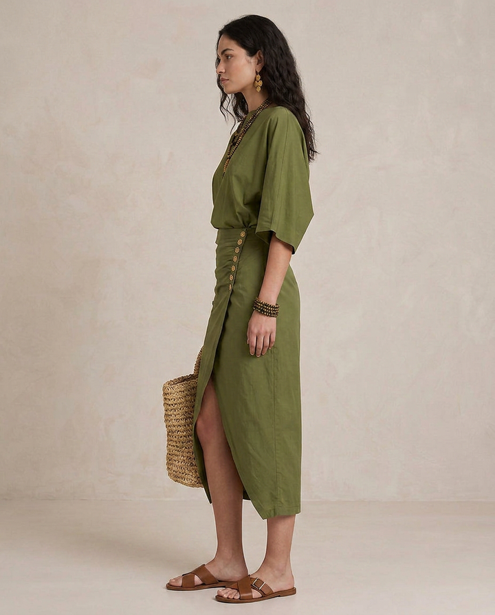 MARTA | Robe Midi Boho Vert Olive | Atelier