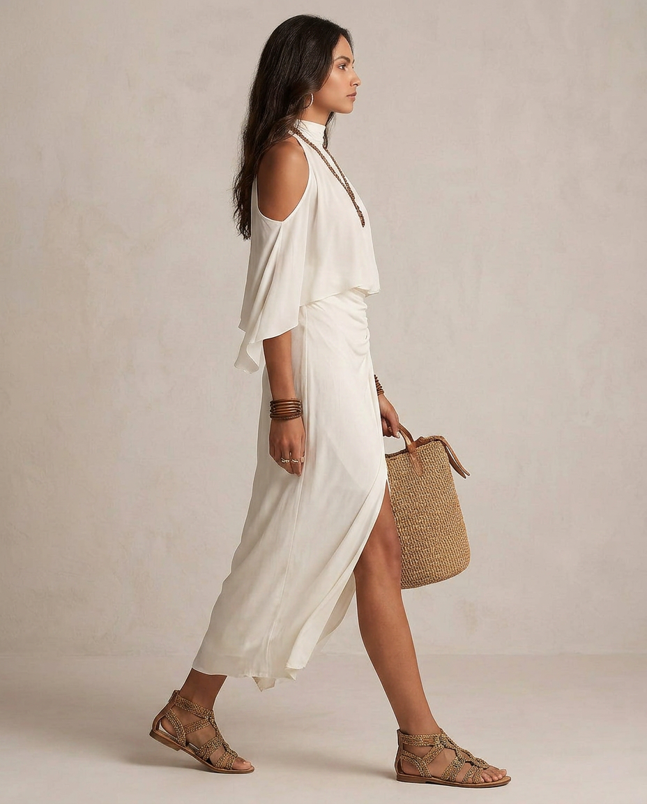 VALENTINA | Robe Midi Halter Ivoire Drapée | Co