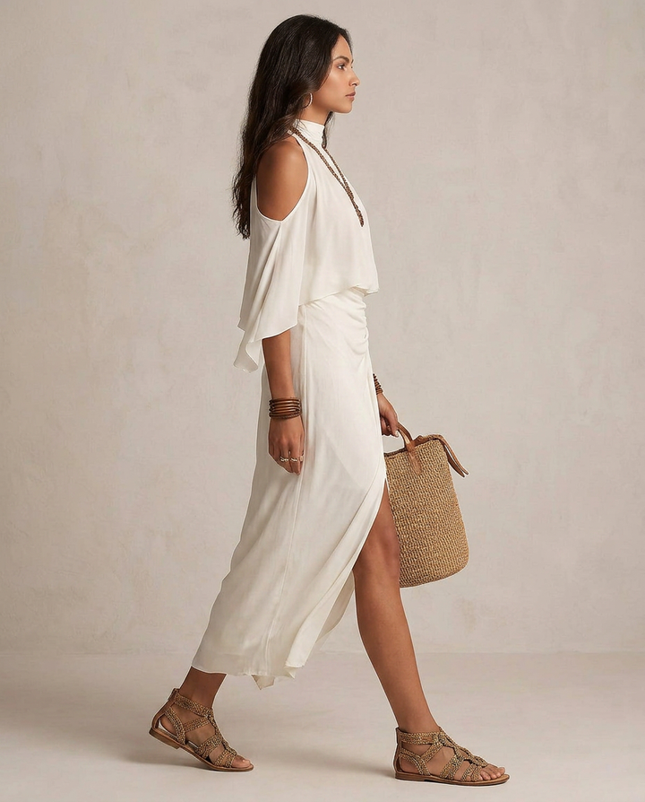 VALENTINA | Robe Midi Halter Ivoire Drapée | Co