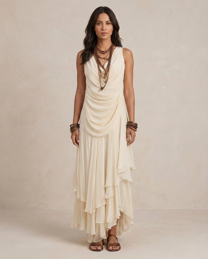 CLARA | Robe Maxi à Volants Crème | Série