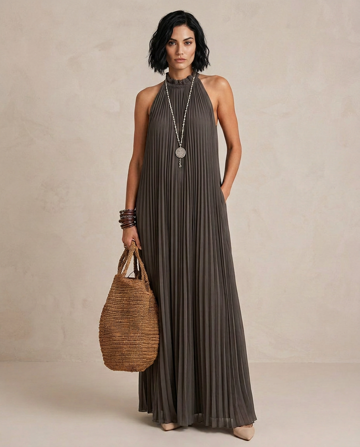 LIRA | Maxi Abito Halter Plissé Grigio | Artisan