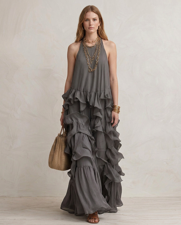 SERENA | Maxi Robe Grise avec Volants | House