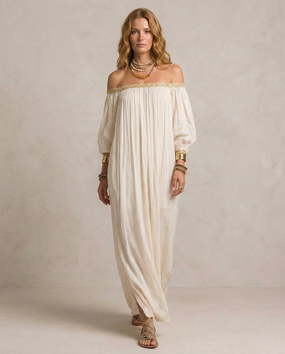 ISABELLA | Maxi Abito Boho Plissé Avorio | Gallery
