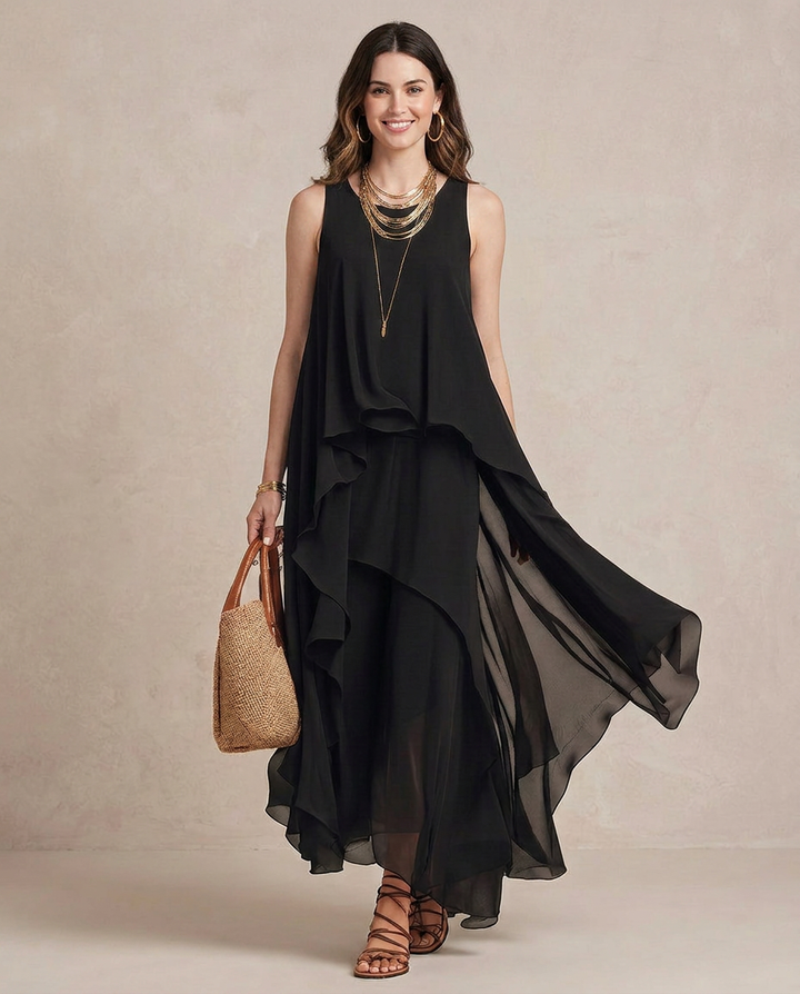 NOEMI | Maxi Abito Boho Layered Chiffon Nero | Signature