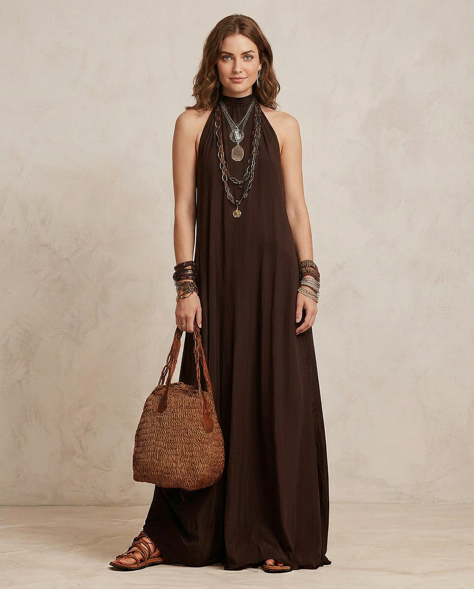 CAMILLA | Maxi Robe Halter Marron Foncé | Atelier