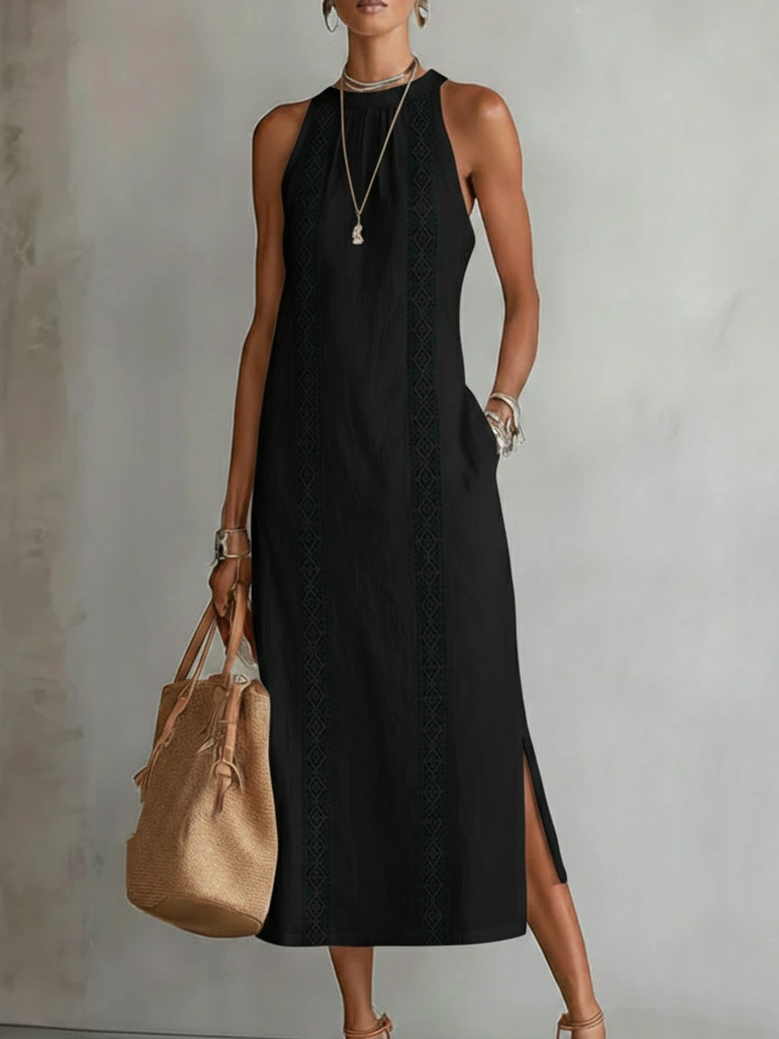 Jimena | Relaxed Embroidered Mandarin Collar Midi Dress | Exclusive